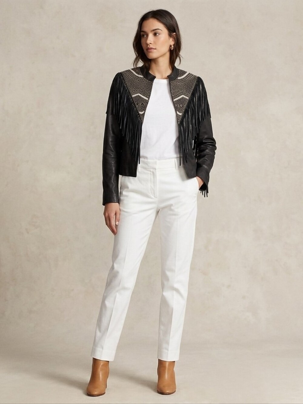 Cleobella Black Leather Fringe Jacket with Beaded Yoke Detail